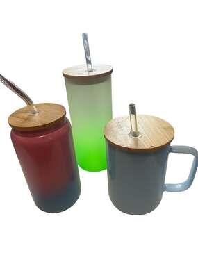 Assorted Glass Tumblers and Mug Set with Bamboo Lids and Glass Straws